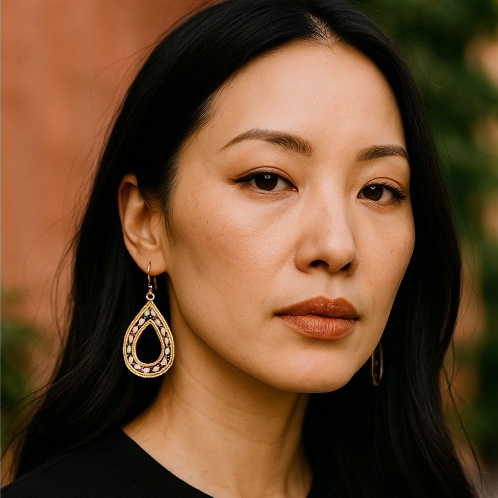 Vintage Micro Mosaic Teardrop Earrings – Floral Design, Gold-Tone Frame